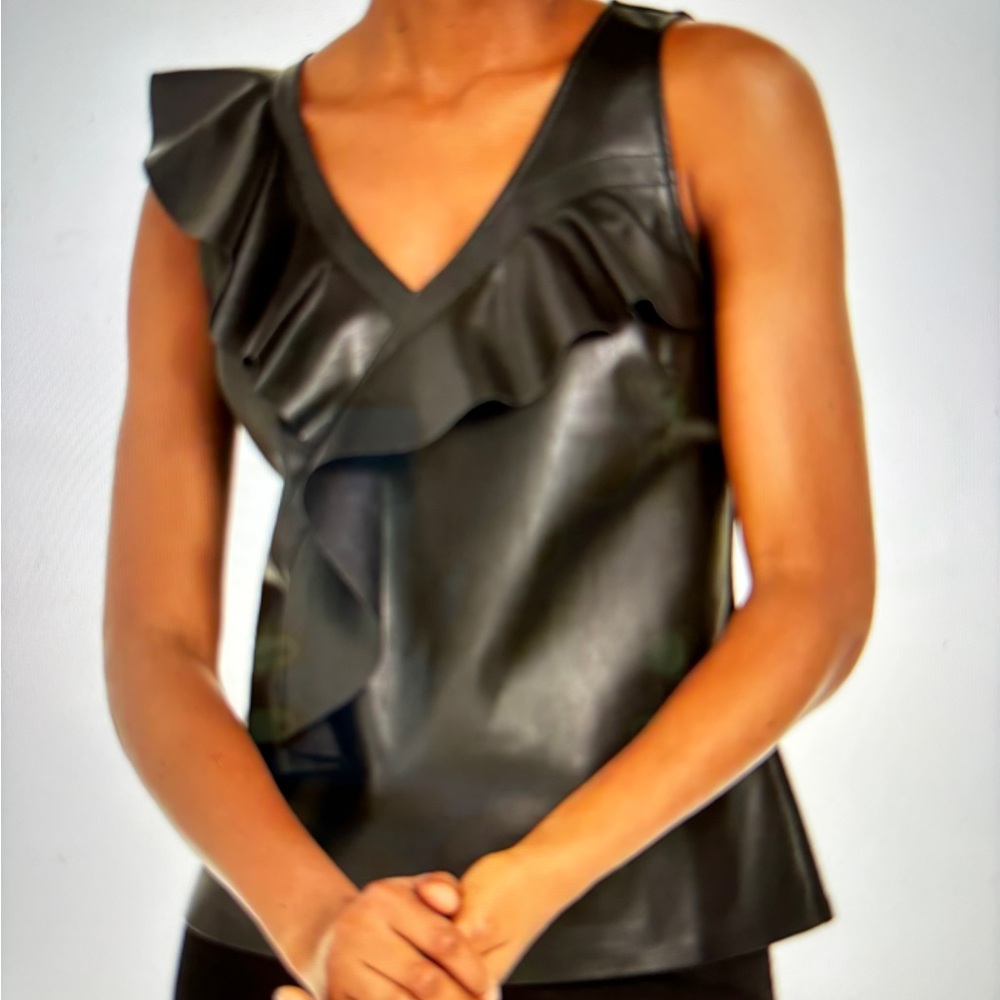 INC International Concepts Black Faux Leather Tank Top with Ruffles NWT